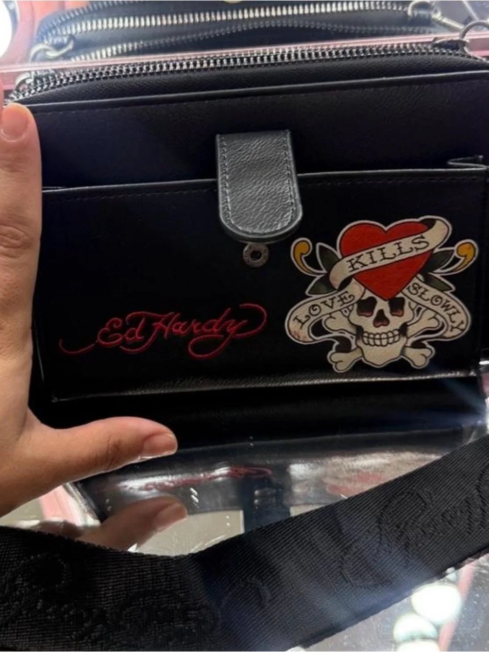 Ed Hardy Black Leather Crossbody Bag with Skull & Heart Graphic